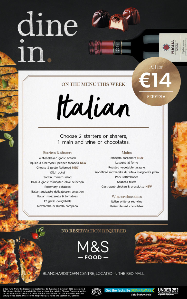 M&S Dine In Italian Menu Athlone Towncentre Shopping Centre